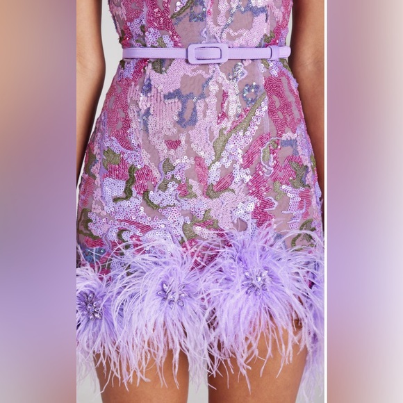 Nadine Merabi Isla Belted Ostrich and Turkey Feather Trim Minidress - Picture 3 of 13